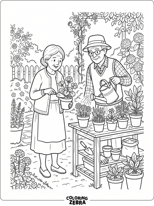 Grandparents watering flowers in a garden
