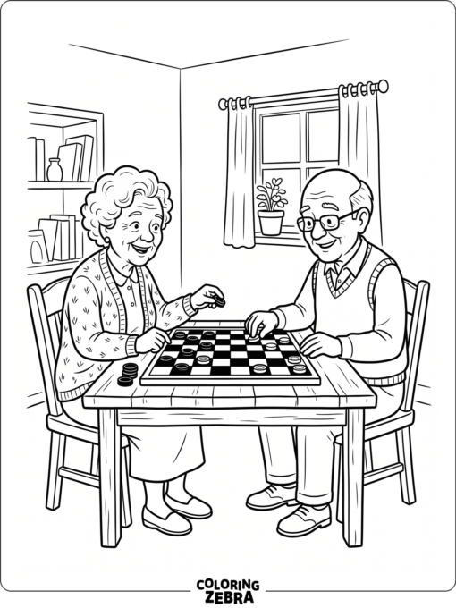 Grandparents playing checkers at a table