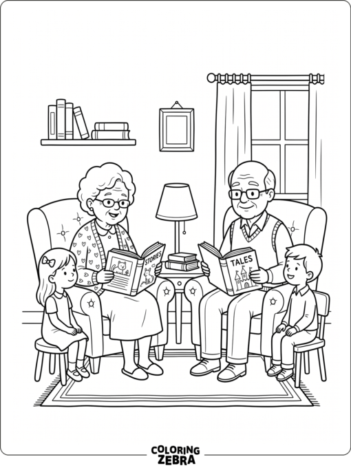 Grandparents reading storybooks to two children