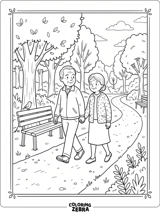 Grandparents walking along a park path