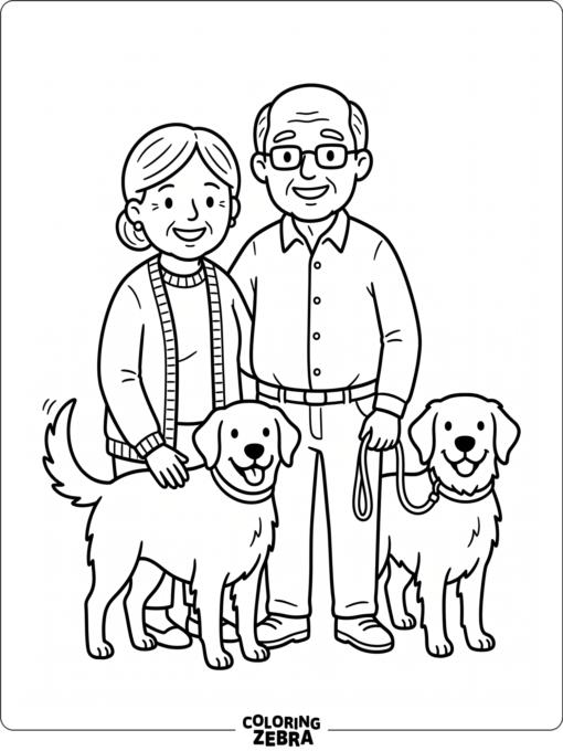 Grandparents with a dog in a simple yard
