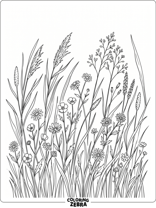 Tall grass with scattered wildflowers and seed heads