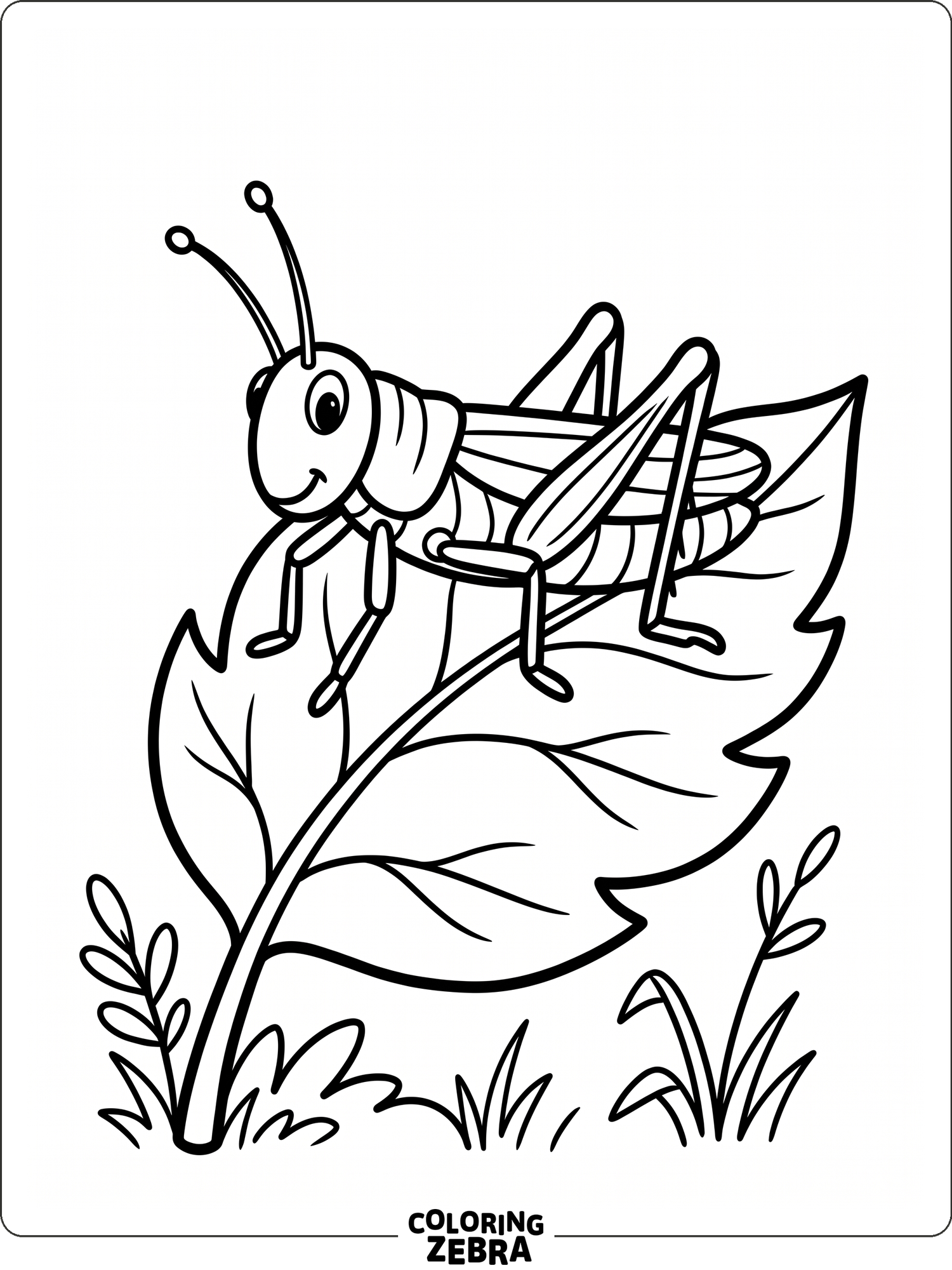 A grasshopper resting on a leaf with clean lines and simple shapes