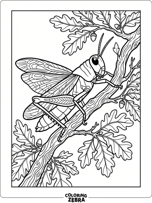 A grasshopper perched on a branch with detailed wings