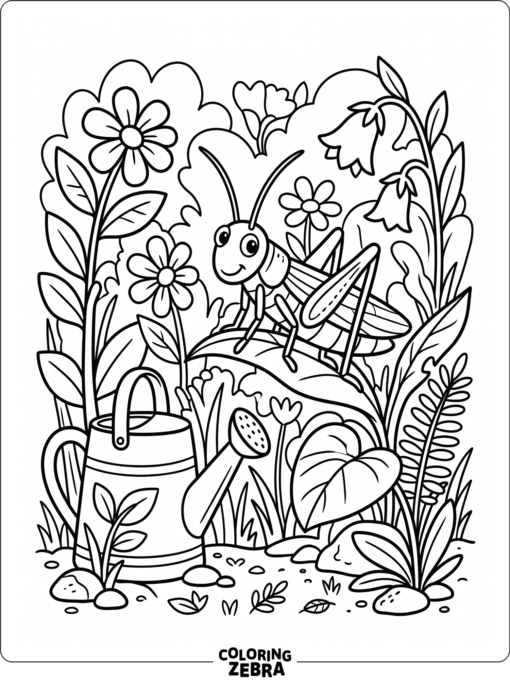 A grasshopper in a garden near a watering can