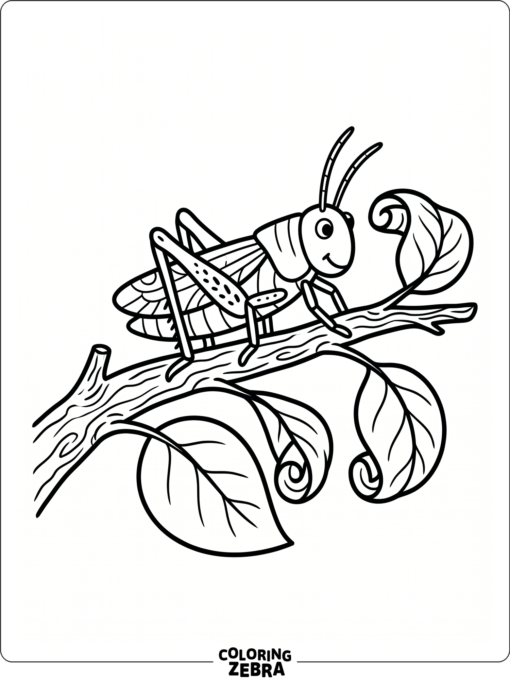 A grasshopper sitting on a branch with leaves