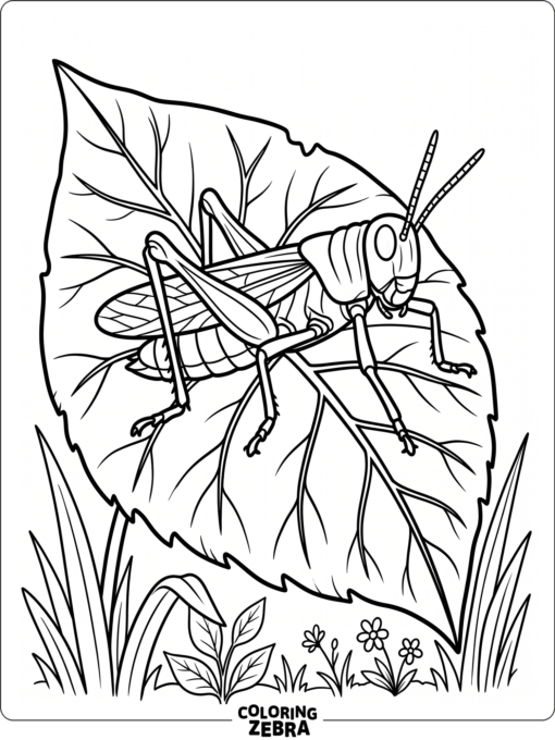 A grasshopper resting on a broad leaf