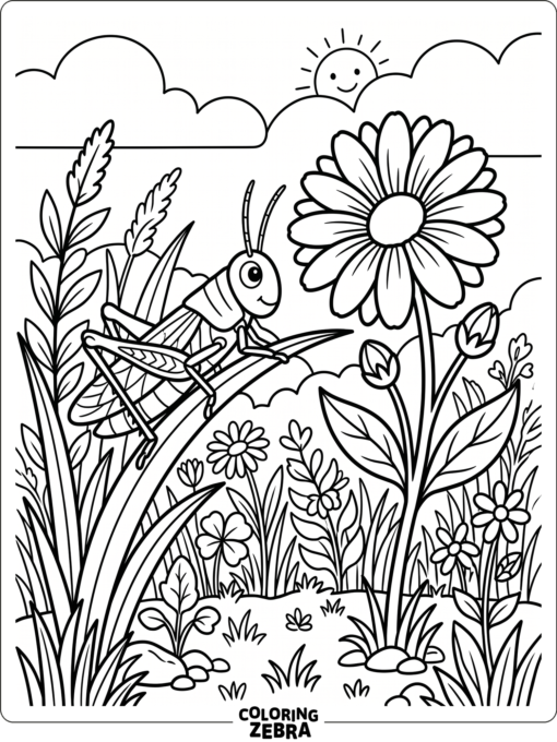 A grasshopper beside a blooming flower