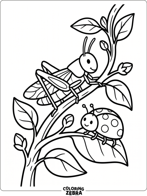 A grasshopper and ladybug on a garden stem