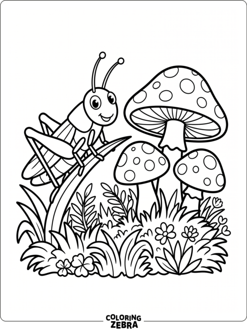 A grasshopper beside a mushroom cluster