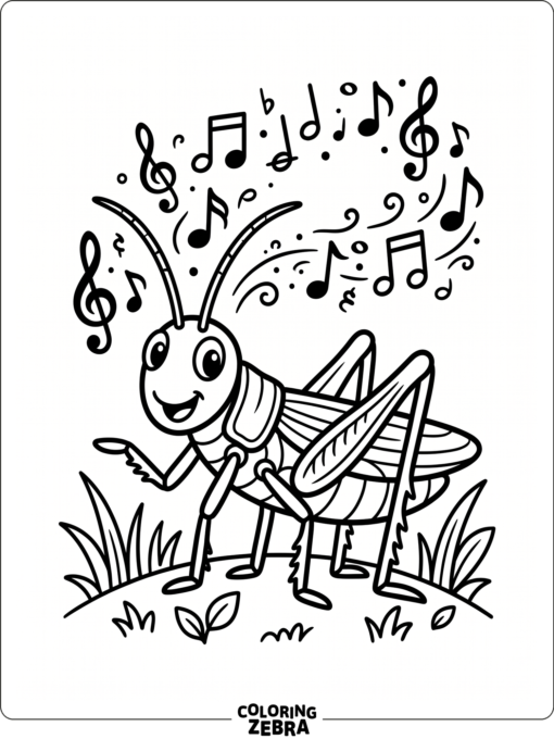 A grasshopper with musical notes around it