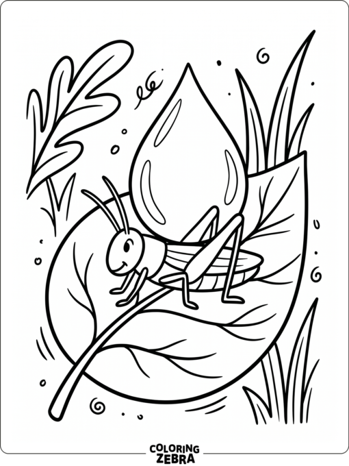 A grasshopper under a raindrop on a leaf