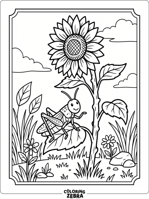 A grasshopper beside a tall sunflower