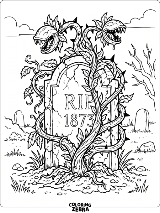 Grave Buster plant covering a tombstone in a simple graveyard patch