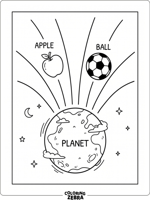 Una manzana y una pelota que caen cerca de un planeta
