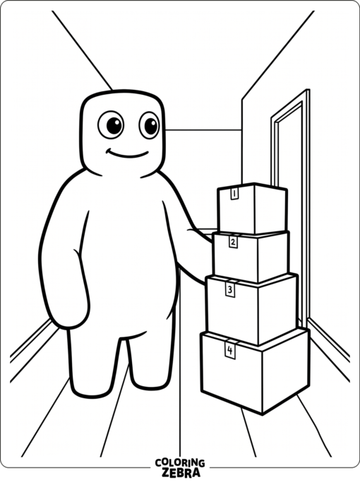 Gray from Rainbow Friends standing by stacked boxes