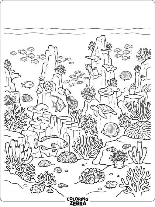 A reef scene with coral towers and fish