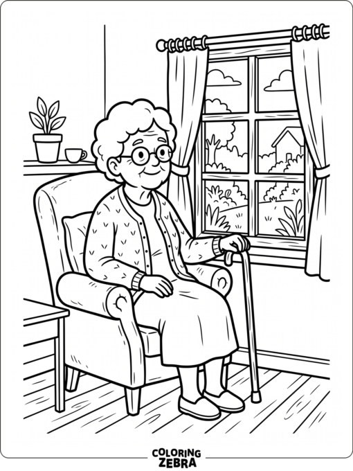 Elderly grandma with glasses sits by a window holding a cane