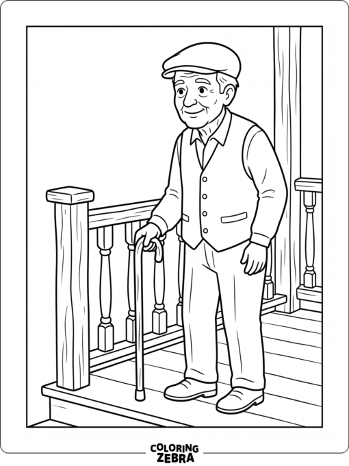 Old grandpa with a cane and vest stands beside a porch rail