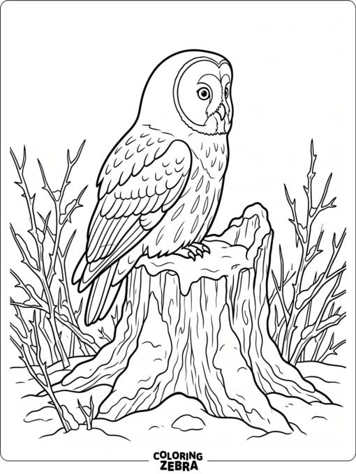 A great gray owl sitting on a snowy stump
