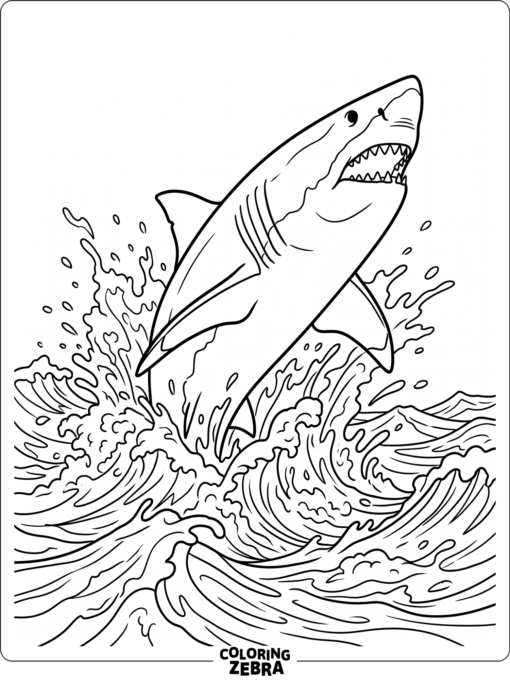 A great white shark rising through the waves