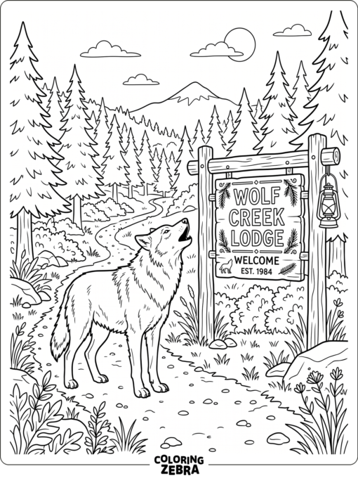 A wolf beside a lodge sign and forest path