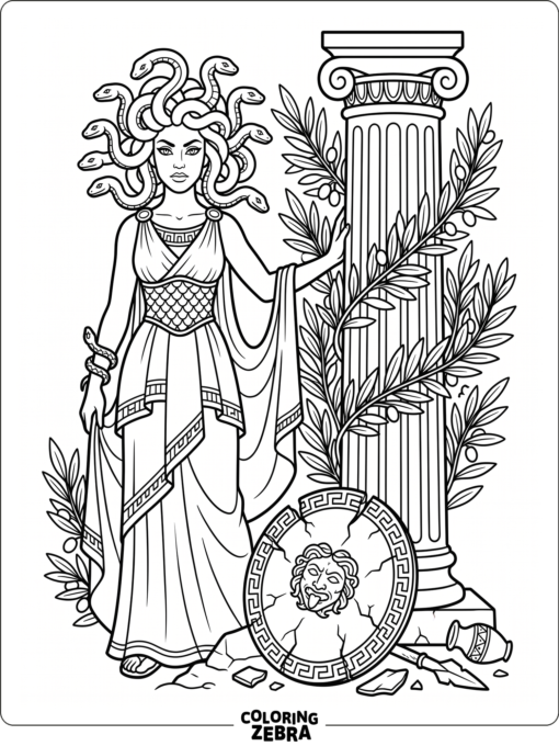 Medusa near a Greek column with a broken shield