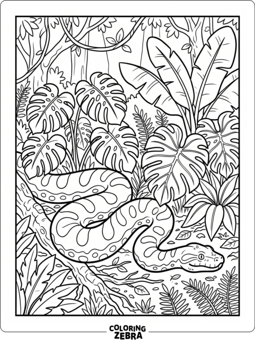 A green anaconda gliding past large tropical leaves