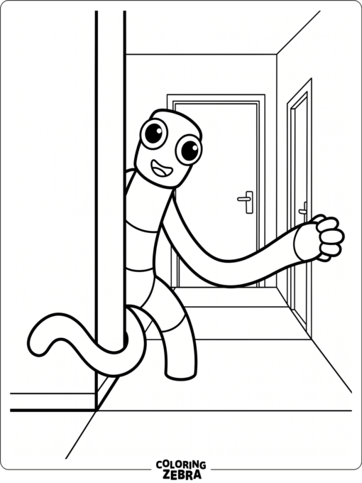 Green from Rainbow Friends peeking around a hallway corner