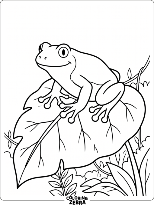 A green tree frog resting on a large leaf