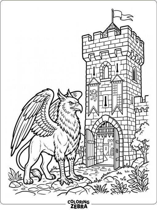 A griffin beside a castle tower