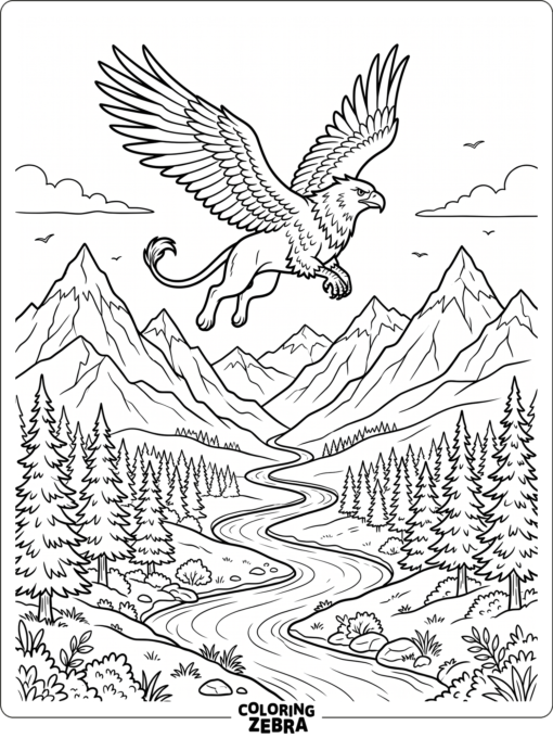 A griffin flying above mountains and a river