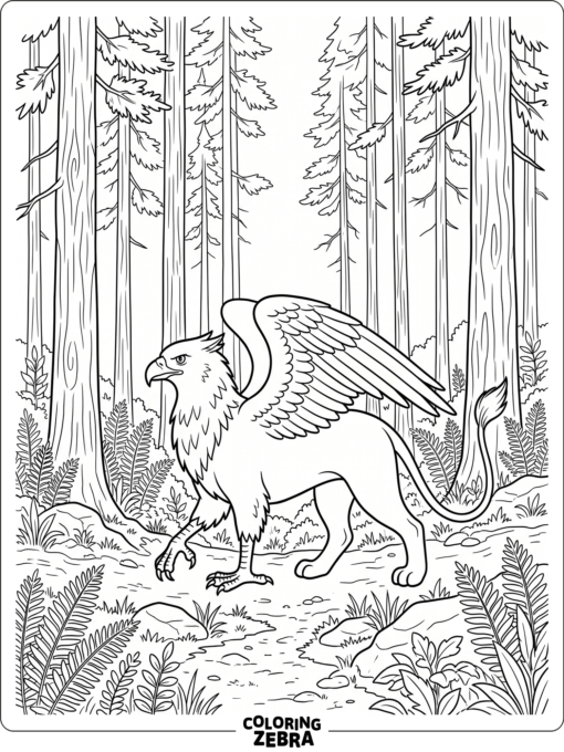 A griffin walking through a pine forest