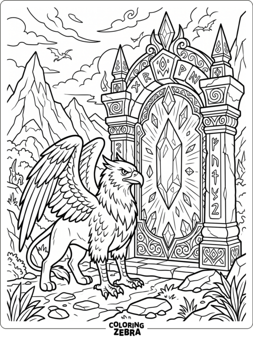 A griffin guarding a crystal gate in a magical world