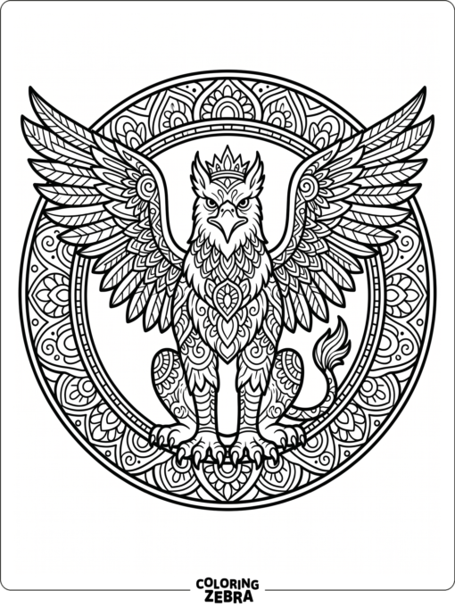 A griffin with mandala patterns and spread wings inside a circle