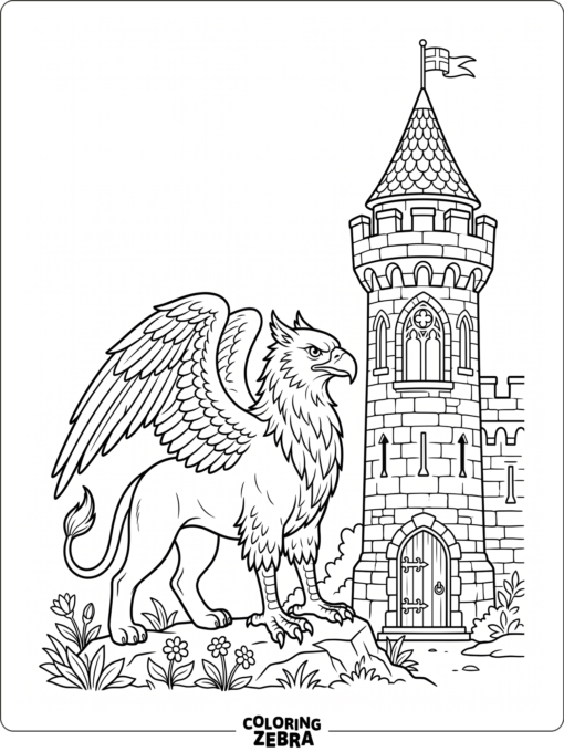 A griffin beside a castle tower with medieval details