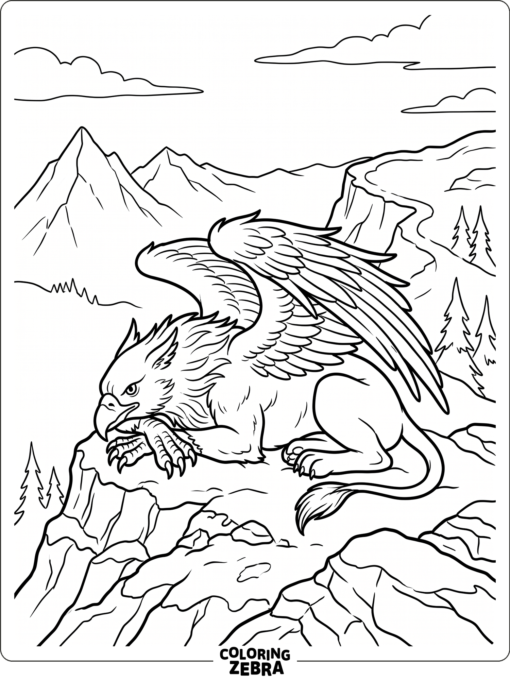 A griffin resting on a mountain ridge