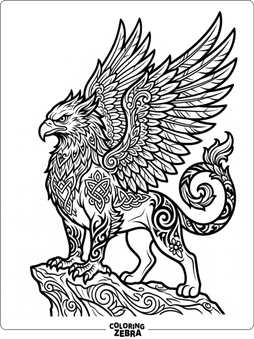A griffin with tattoo style outlines and dramatic wings