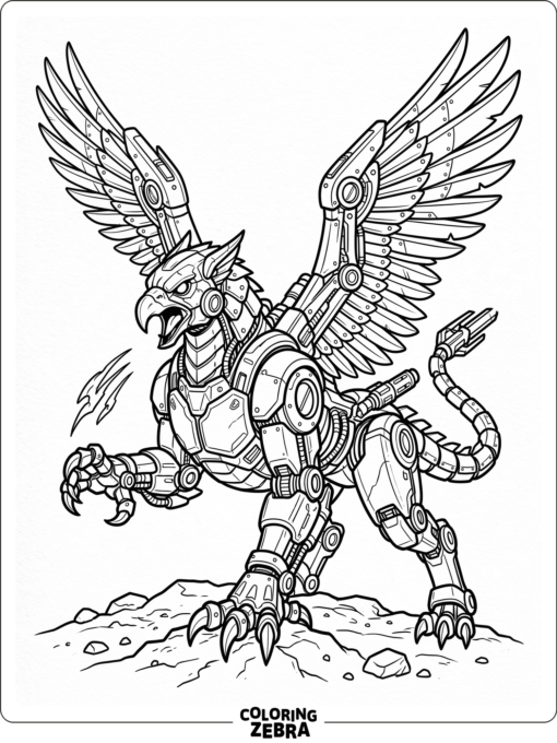 A robotic griffin with metal wings and claws