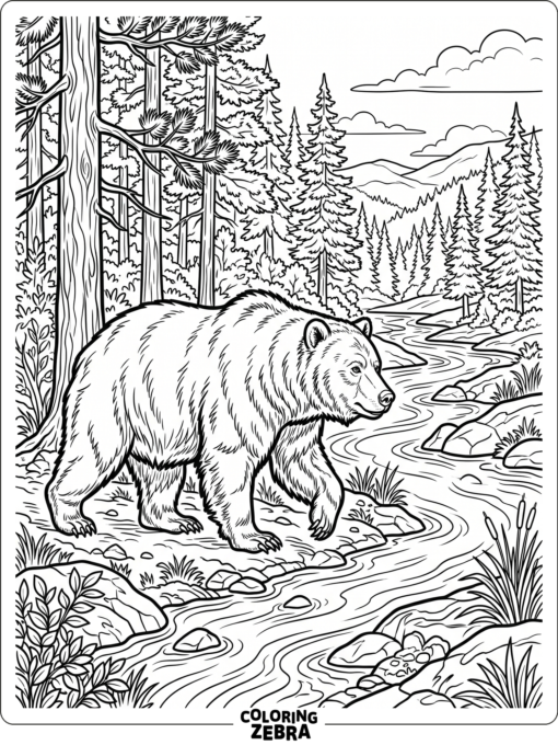 A grizzly bear walks past pine trees near a river