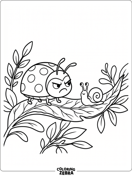 A grouchy ladybug facing a snail on a leaf path