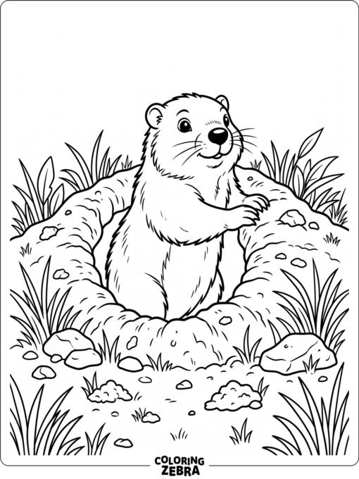 Groundhog climbing out of a burrow