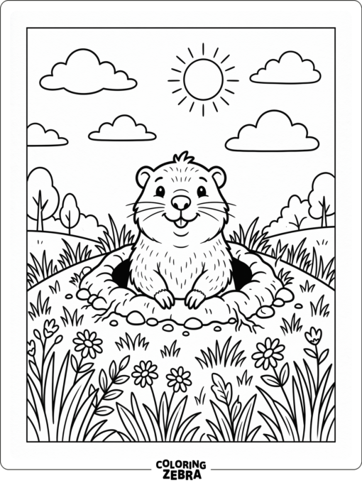 Groundhog popping out of a burrow for kids