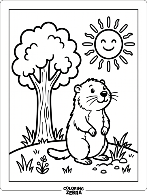 Groundhog with sunshine and a tree
