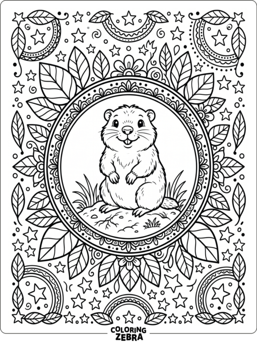 Groundhog with leaves, stars, and circular borders