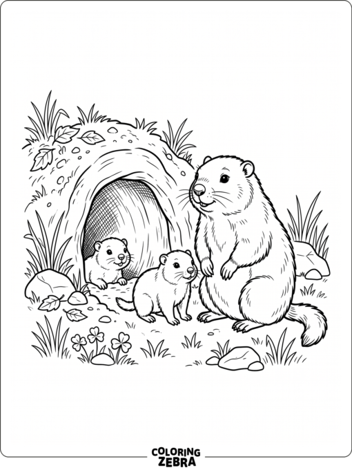 Groundhog family near a den entrance