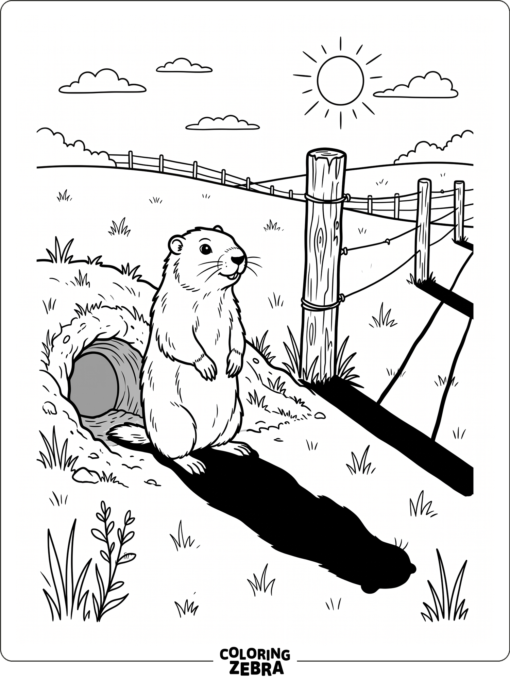 Groundhog and shadow beside a burrow