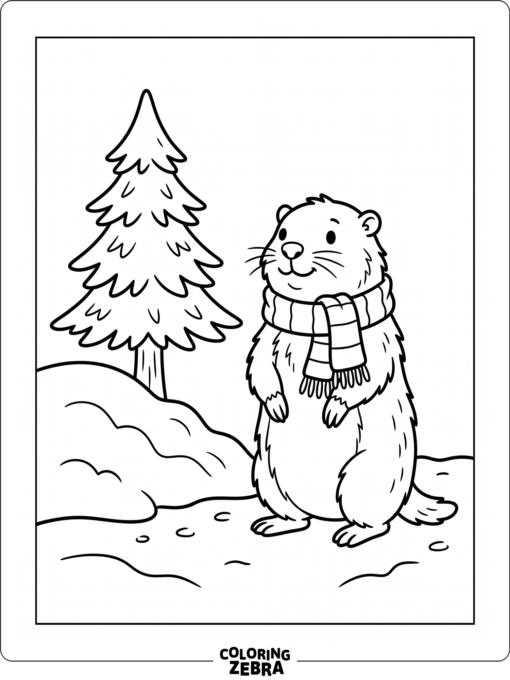 Groundhog in a scarf beside a snowbank