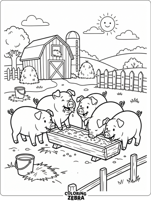 Several pigs gathered around a feeding trough