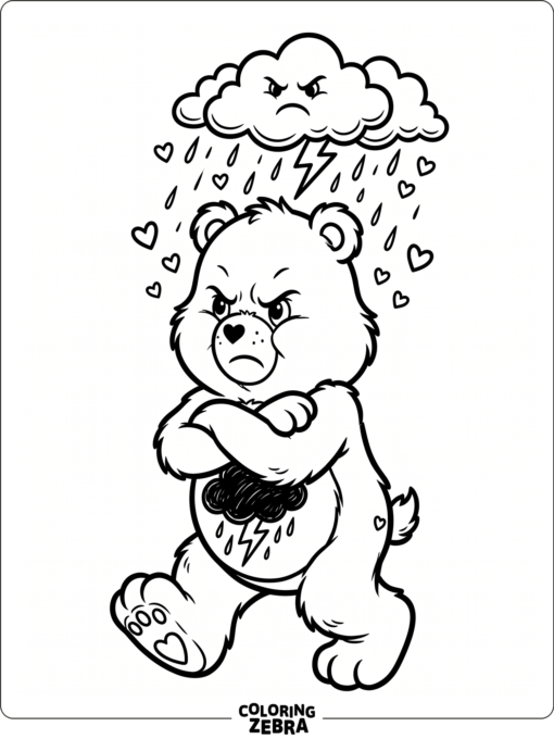 A grumpy bear with a cloud overhead